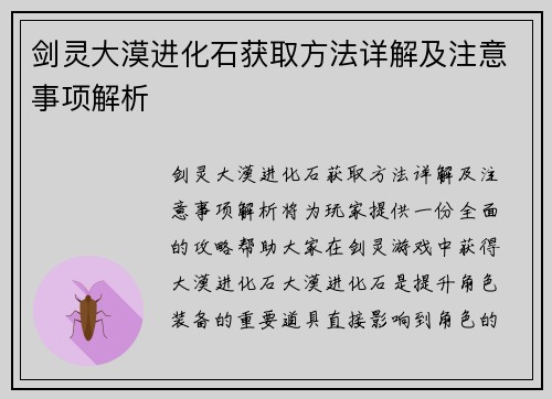 剑灵大漠进化石获取方法详解及注意事项解析